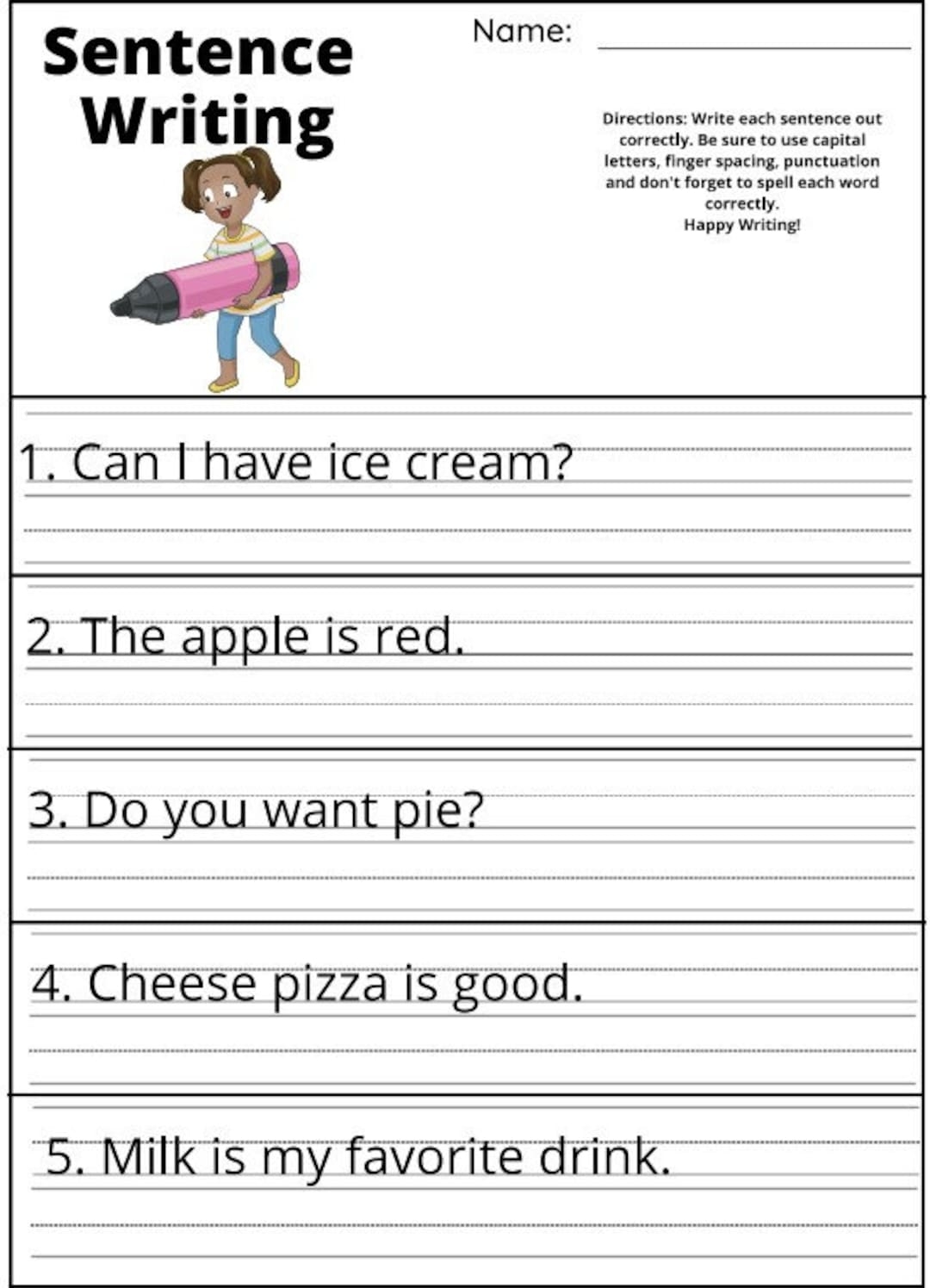 10 Printable Write The Sentence Worksheets For Kindergarden 4th Grade Ages literacy reading Help Etsy