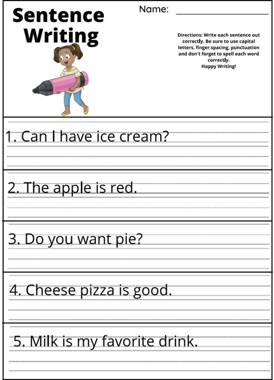 10 Printable Write The Sentence Worksheets For Kindergarden 4th Grade Ages literacy reading Help Etsy