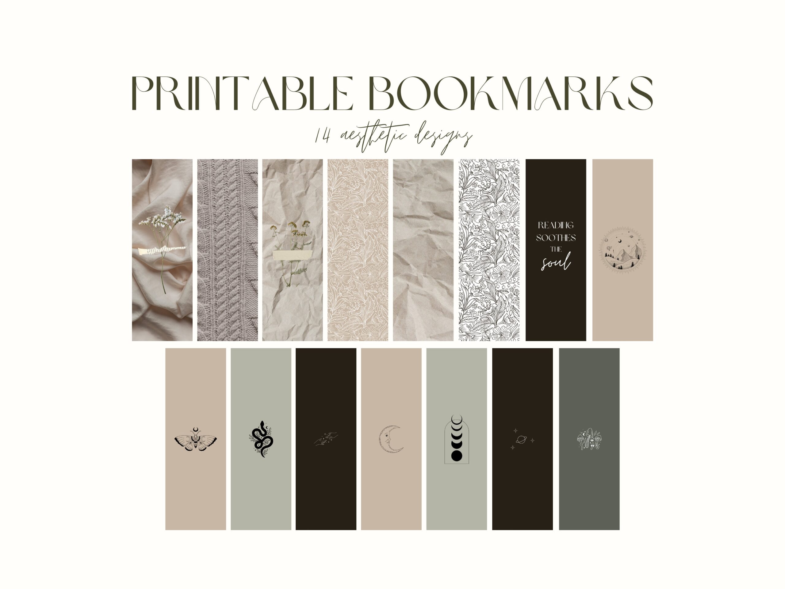 14 Printable Bookmarks Aesthetic Boho Bookmark Designs Instant Digital Download PNG Files Beige Green Brown Floral Etsy