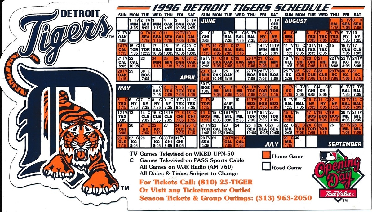 1996 DETROIT TIGERS MAGNETIC BASEBALL SCHEDULE TRUE VALUE 6 3 4 X 3 7 8 EBay