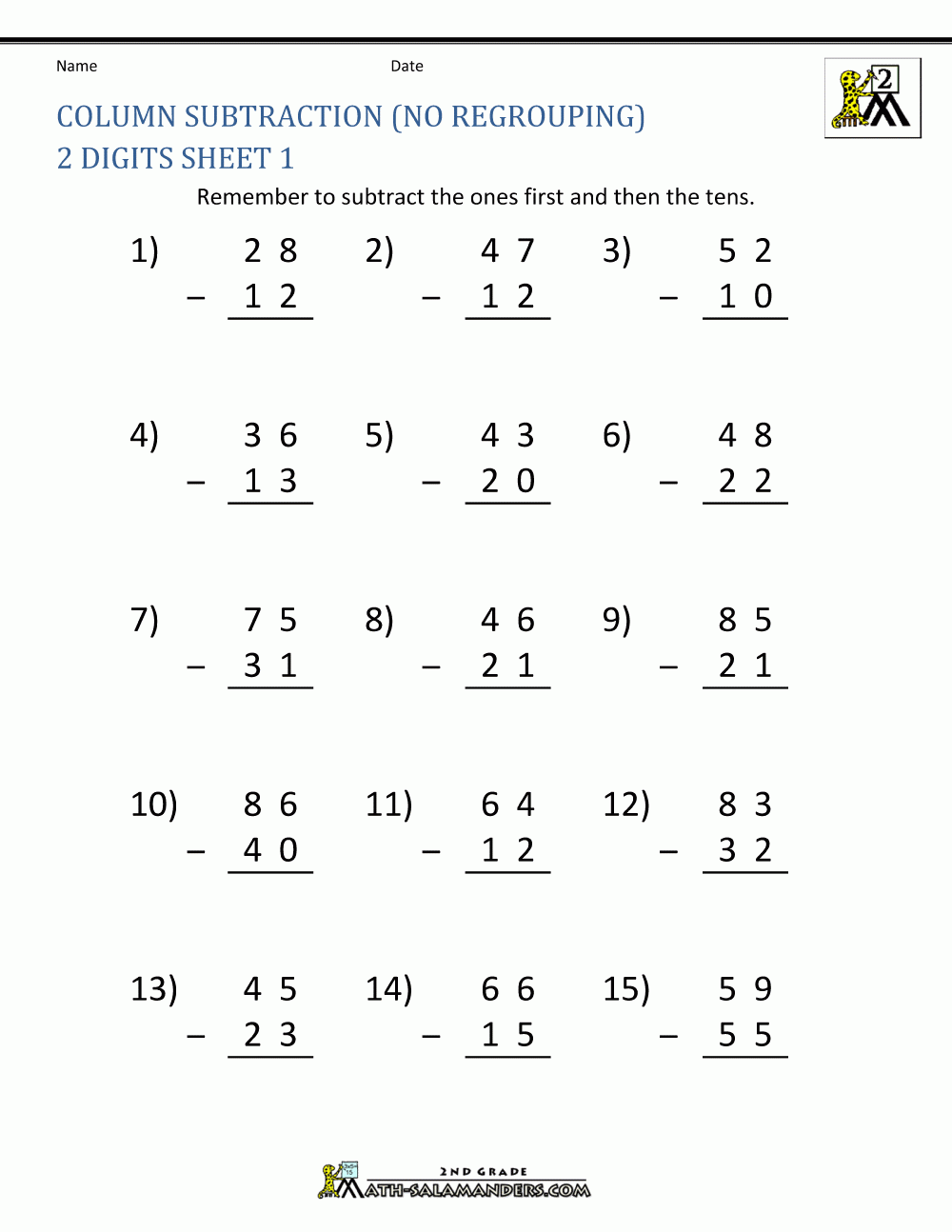 2 Digit Subtraction Worksheets