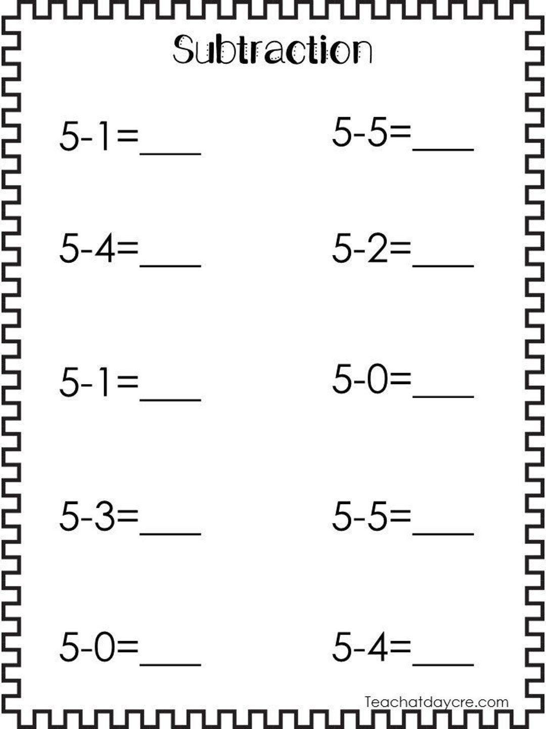 20 Printable Subtraction Worksheets Numbers 1 10 Preschool 1st Grade Math Etsy