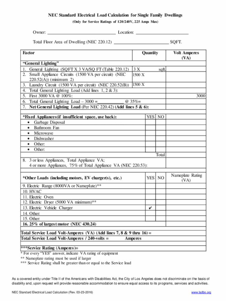 2016 2025 Form NEC Standard Electrical Load Calculation For Single Family Dwellings Fill Online Printable Fillable Blank PdfFiller