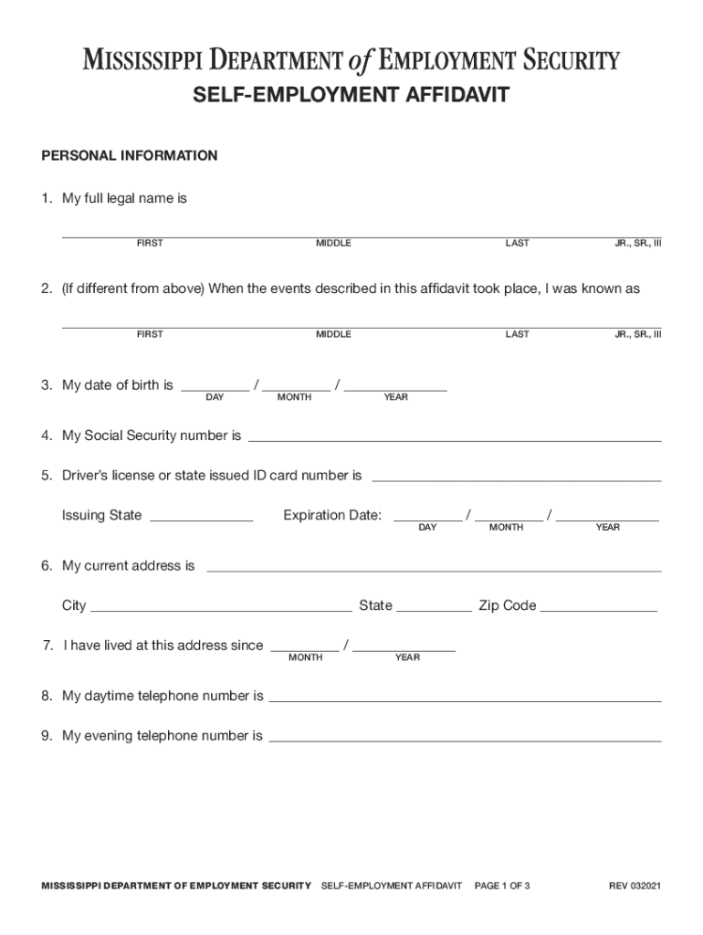 2021 2025 Form MS Self Employment Affidavit Fill Online Printable Fillable Blank PdfFiller