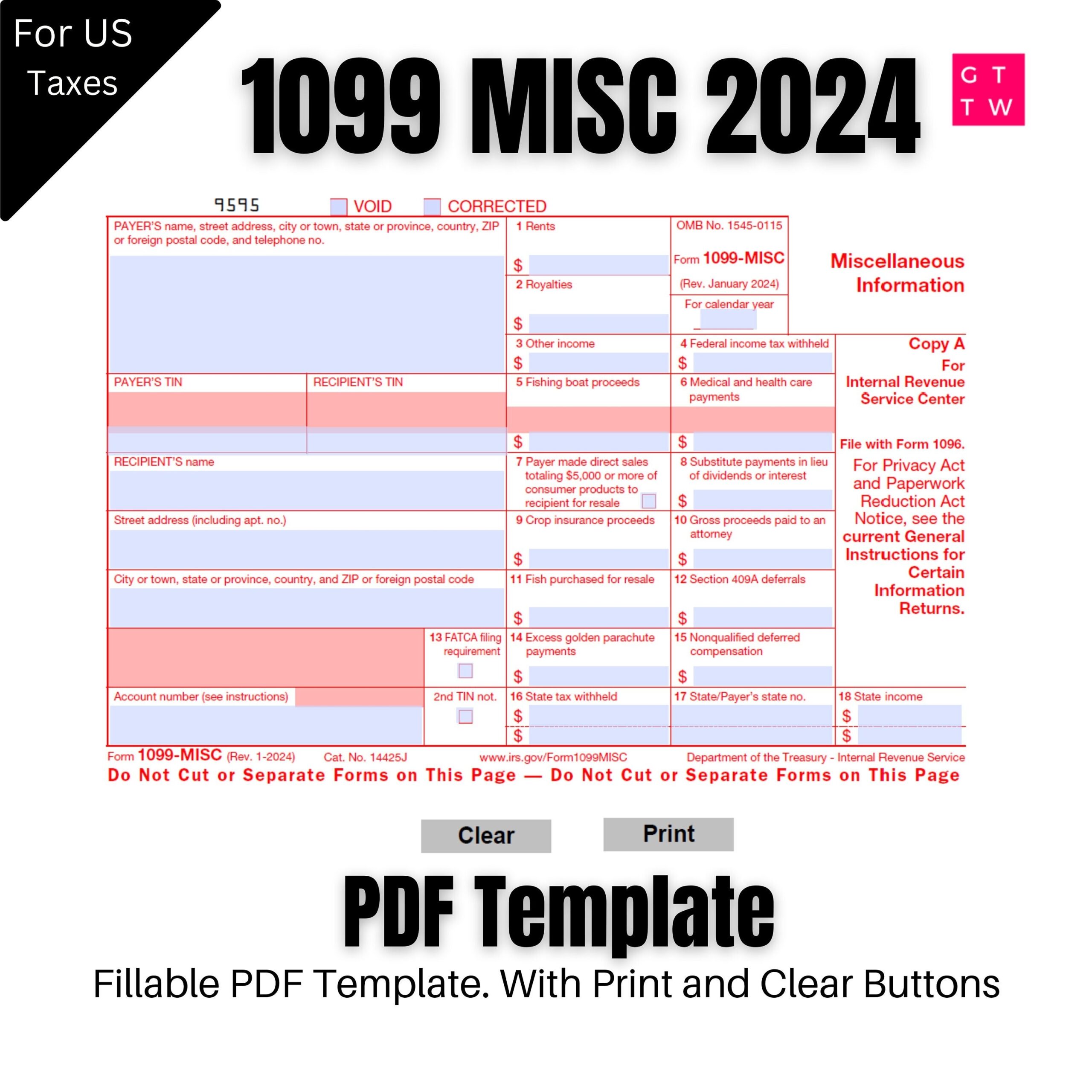 2024 1099 MISC IRS Forms Copy A Print Template PDF Fillable With Clear And Print Buttons Print On Preprinted Form Digital Download Etsy