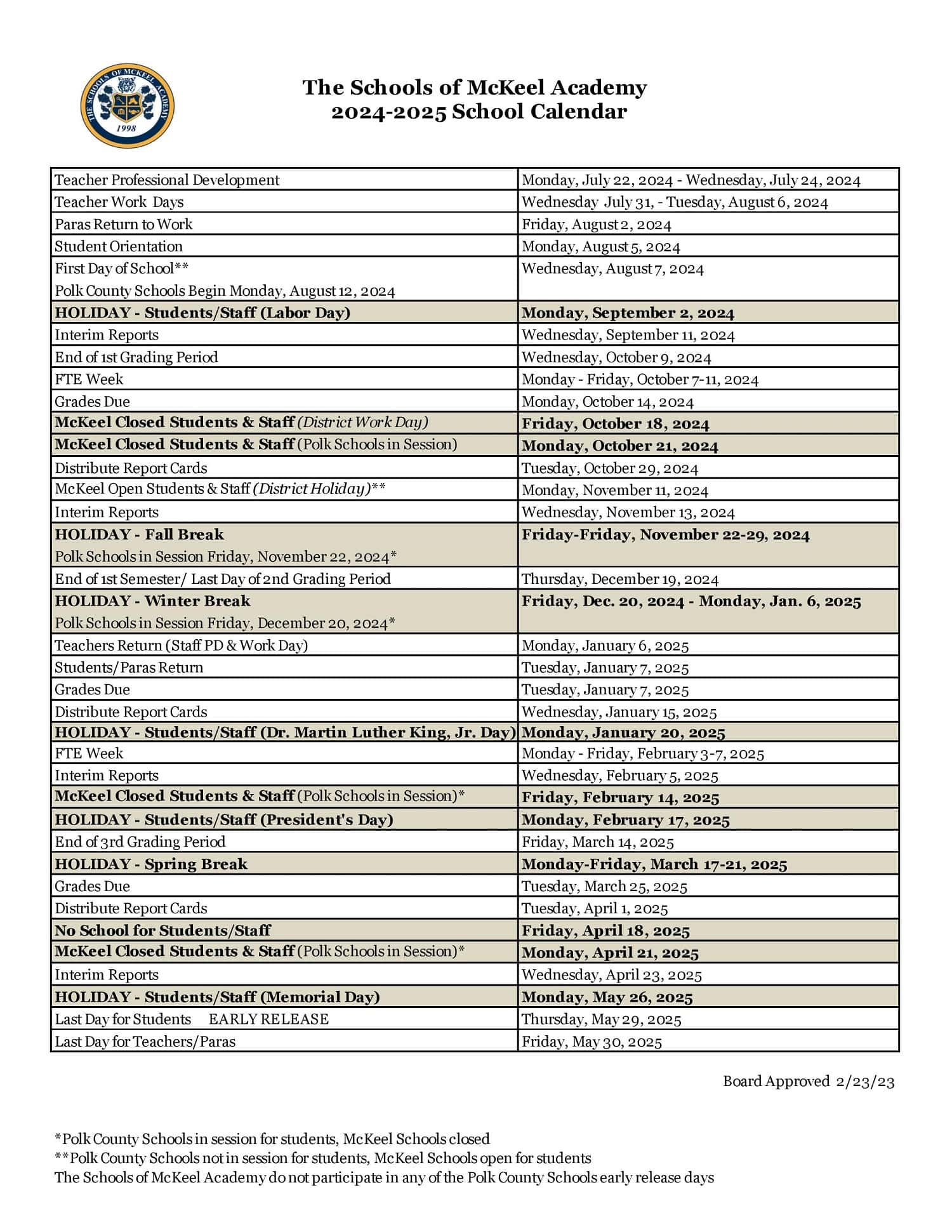 2024 2025 Polk County Schools Calendar Public Charter Private