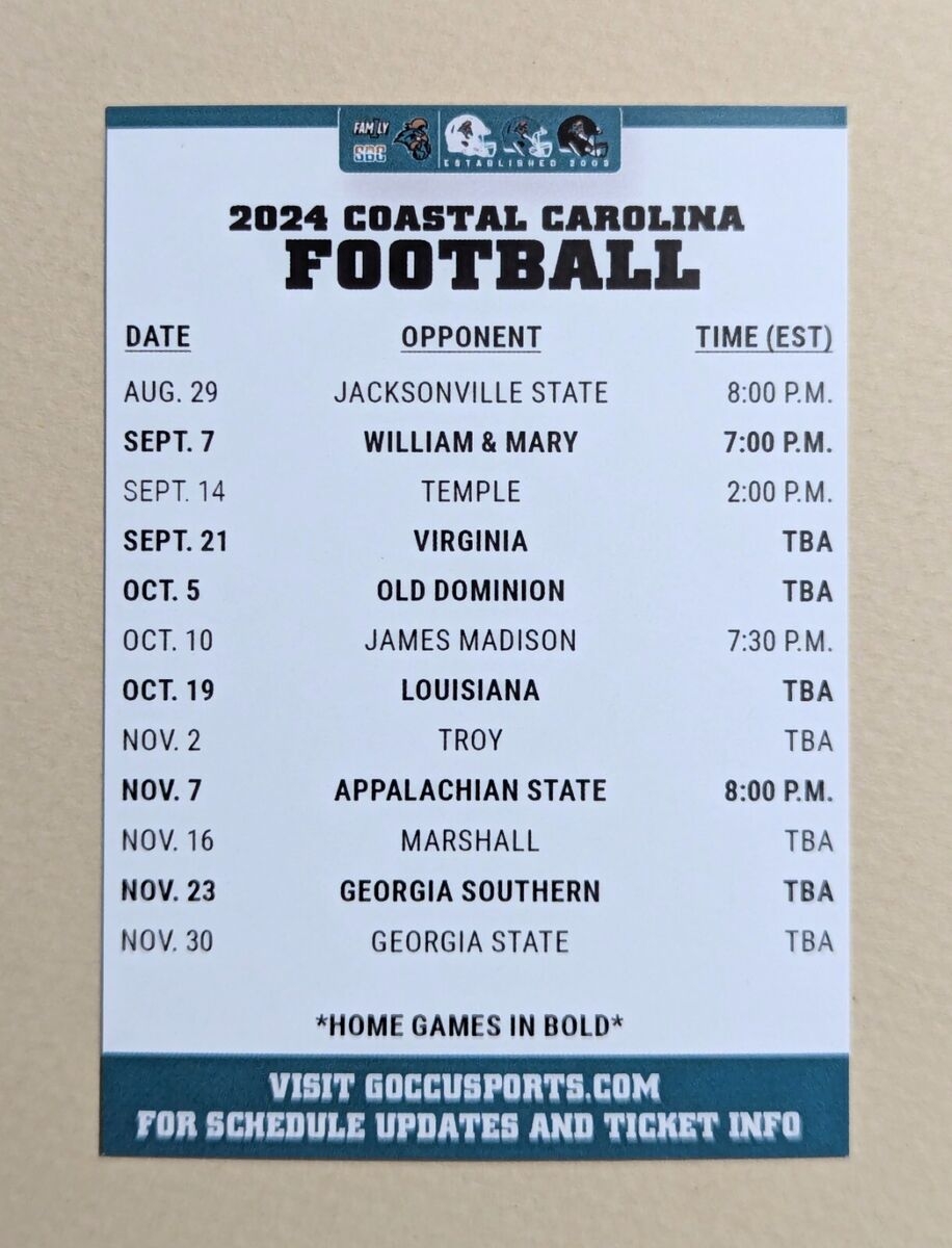 2024 Coastal Carolina Chanticleers College Football Pocket Schedule EBay