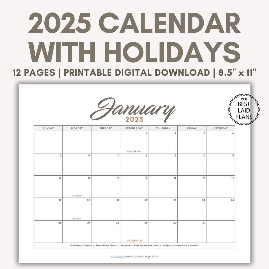 2025 printable blank calendar with holidays