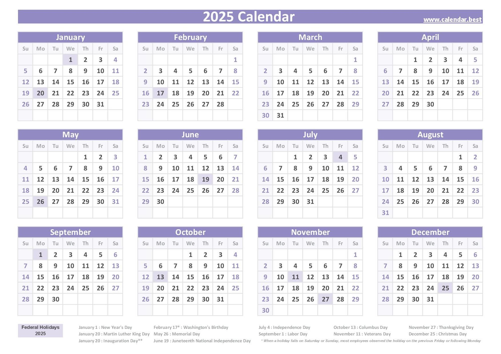Free Printable 2025 Calendar With Holidays