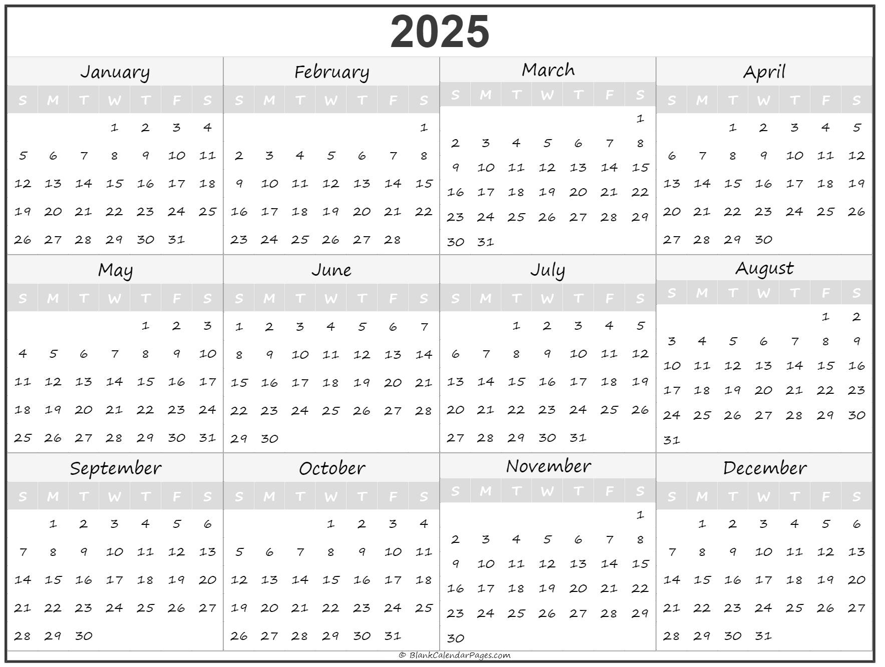 printable year calendar 2025 free