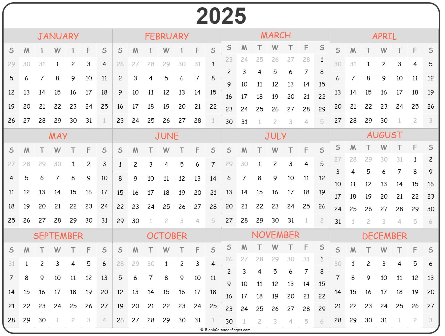 blank 2025 one page calendar printable