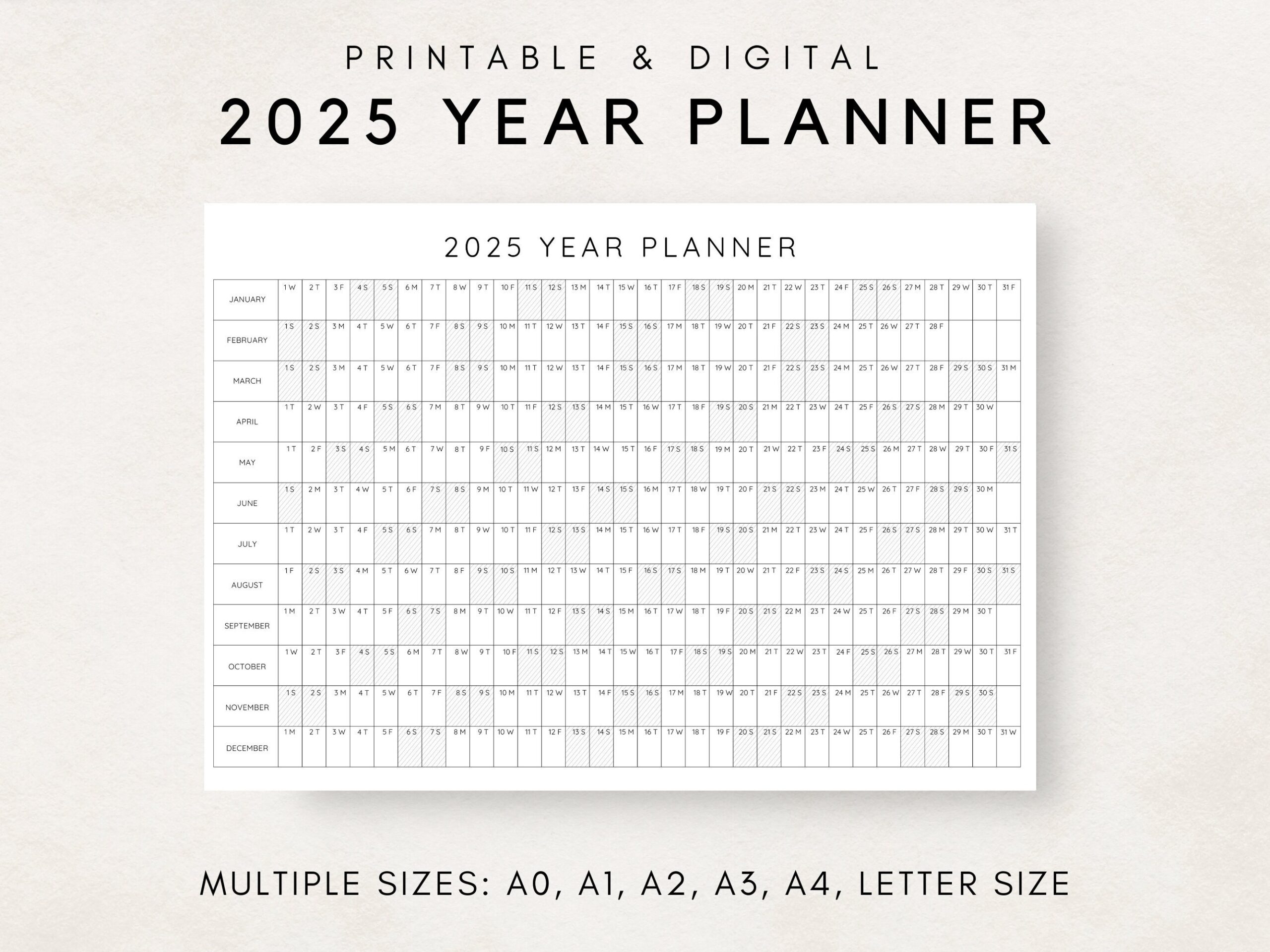 2025 Year Planner Printable Yearly Planning Calendar Calendar Poster 2025 Digital Calendar 2025 Calendar 2025 Planner Year At A Glance Etsy