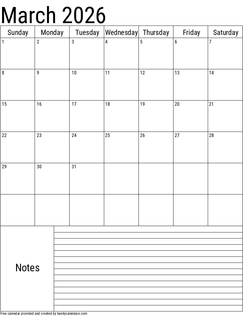 blank calendar march 2026