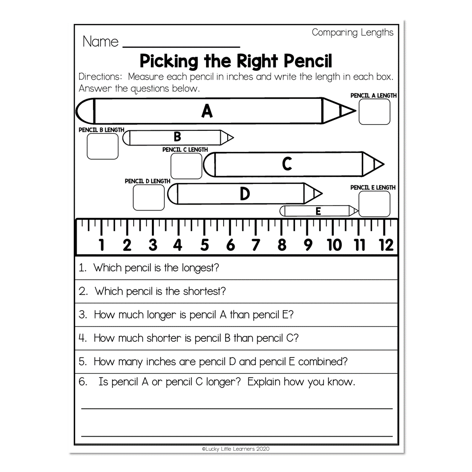 2nd Grade Math Worksheets Measurement Comparing Lengths Picking The Right Pencil Lucky Little Learners