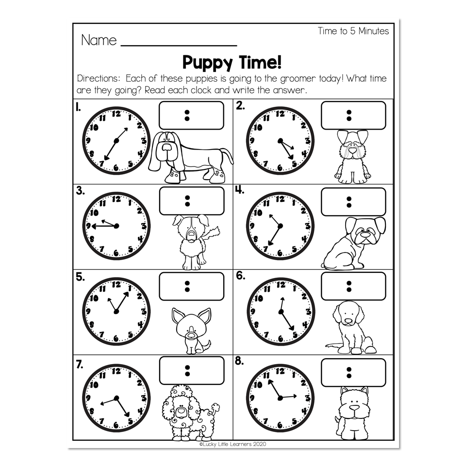 2nd Grade Math Worksheets Time Telling Time To 5 Mins Puppy Time Lucky Little Learners