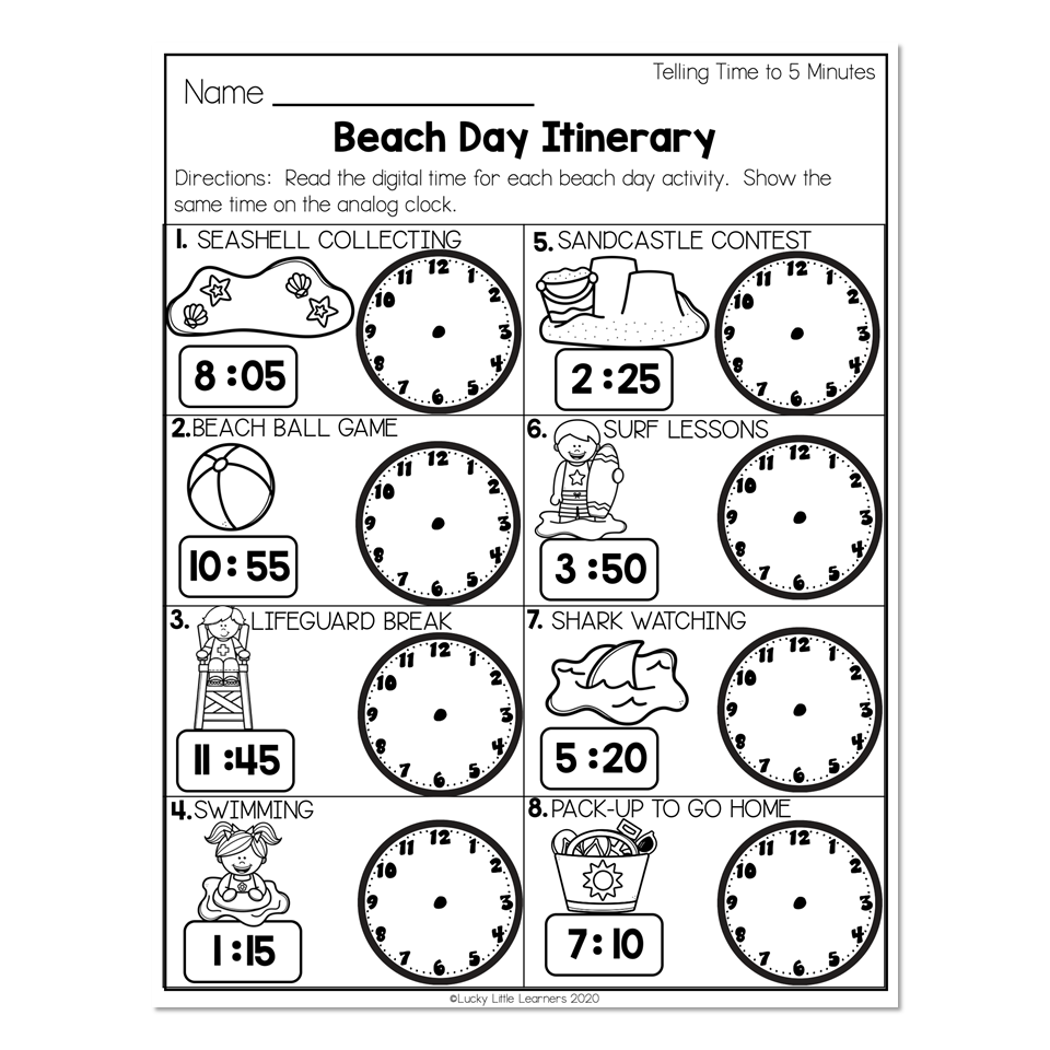 2nd Grade Math Worksheets Time Telling Time To 5 Minutes Beach Day Itinerary Lucky Little Learners