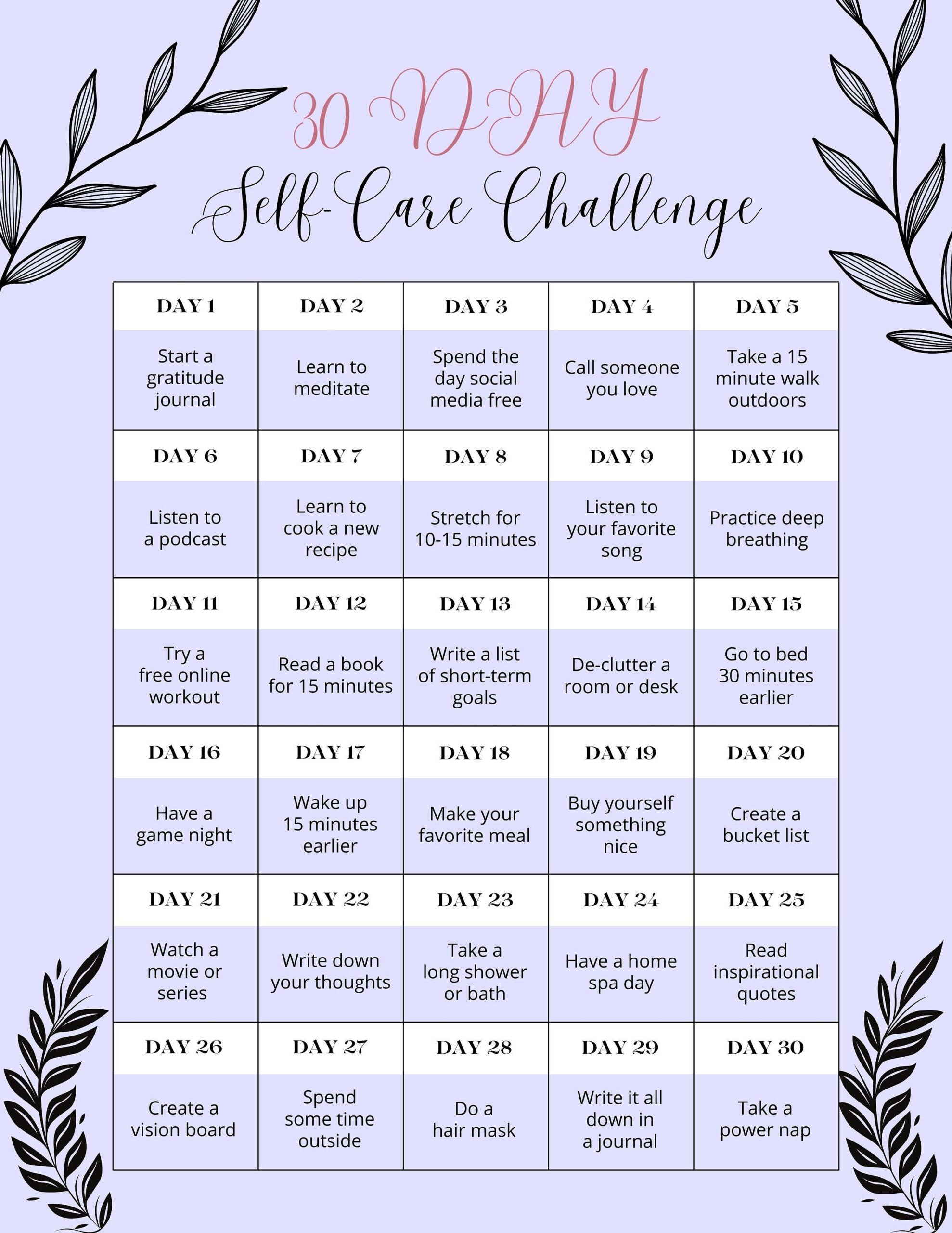 30 Day Self Care Challenge Calendar Printable PDF Etsy