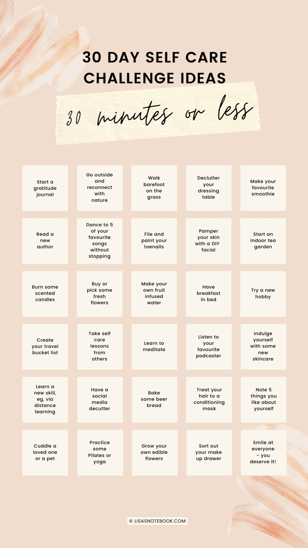 30 Day Self Care Challenge Ideas In 30 Minutes Or Less Lisa s Notebook