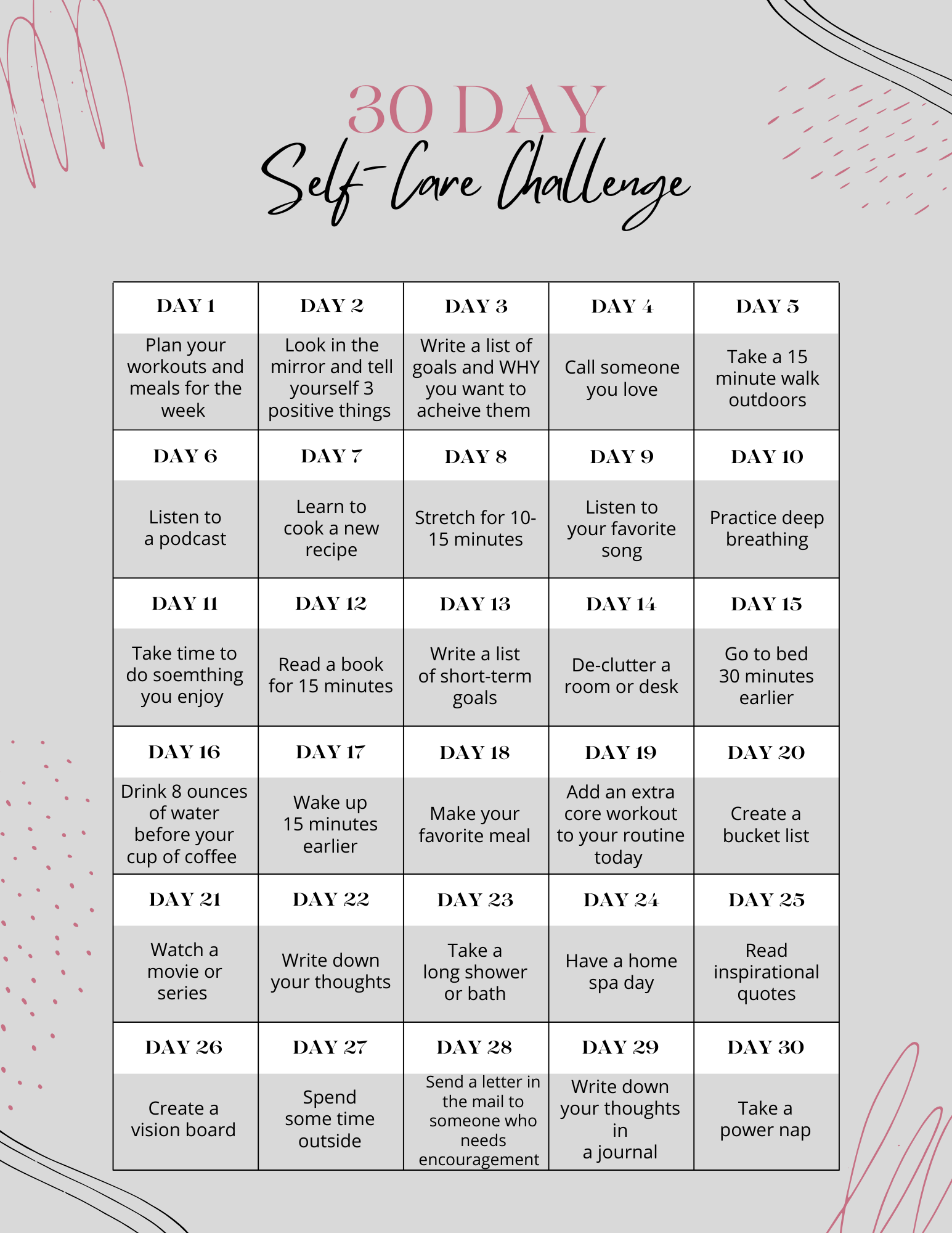 self-care calendar 30-day challenge