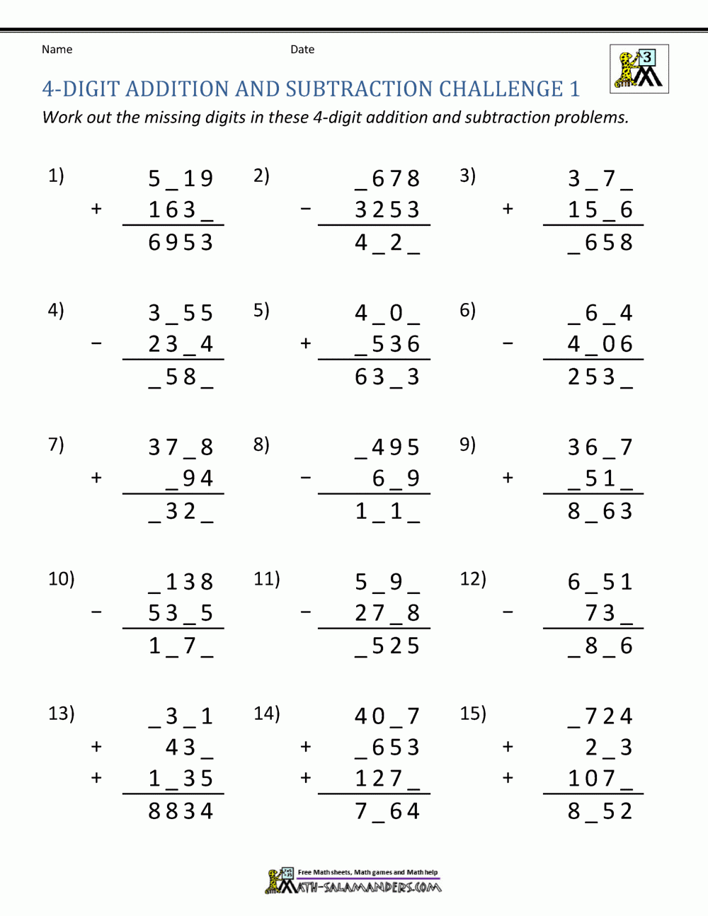4 Digit Addition And Subtraction Worksheets