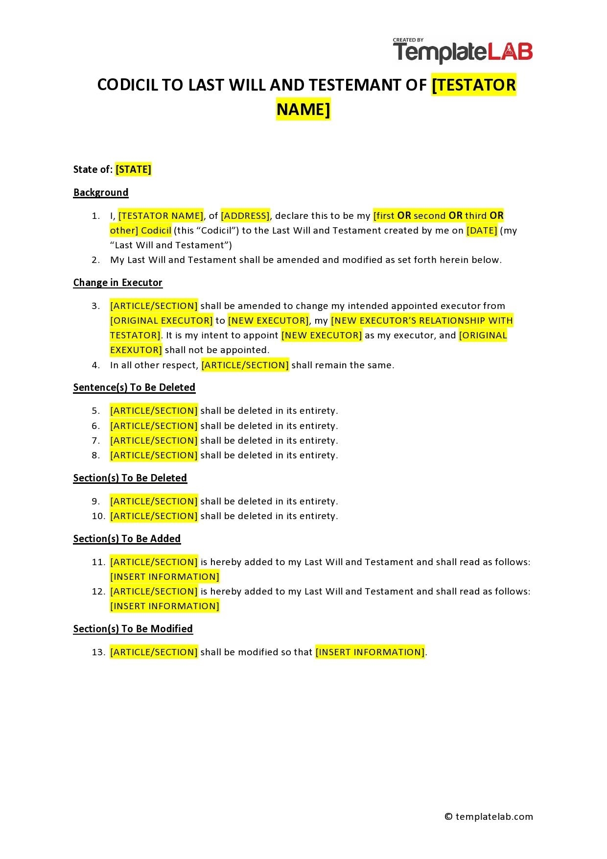 free printable codicil to will