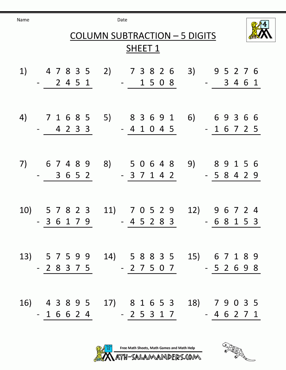 4th grade subtraction worksheets column subtraction 5 digits 1 gif 1 000 1 294 Pixels