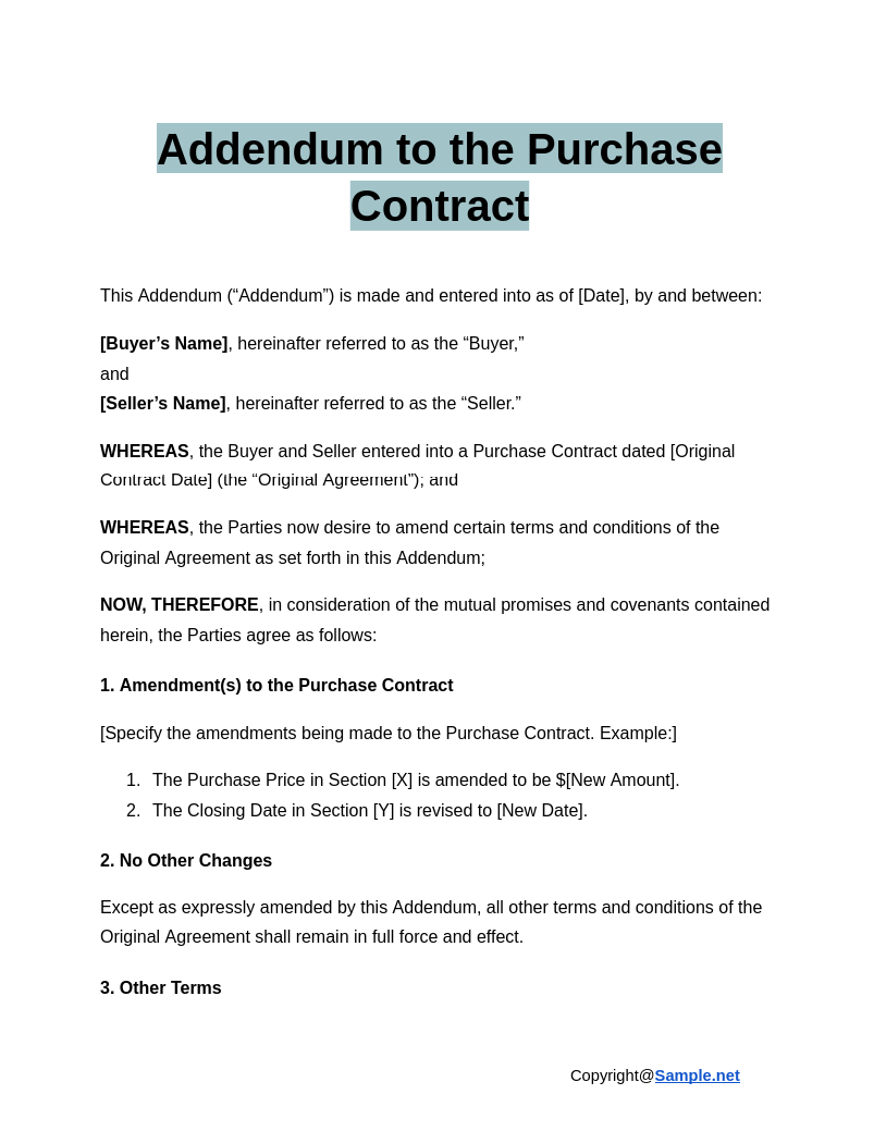 51 FREE Addendum To Contract Samples To Download