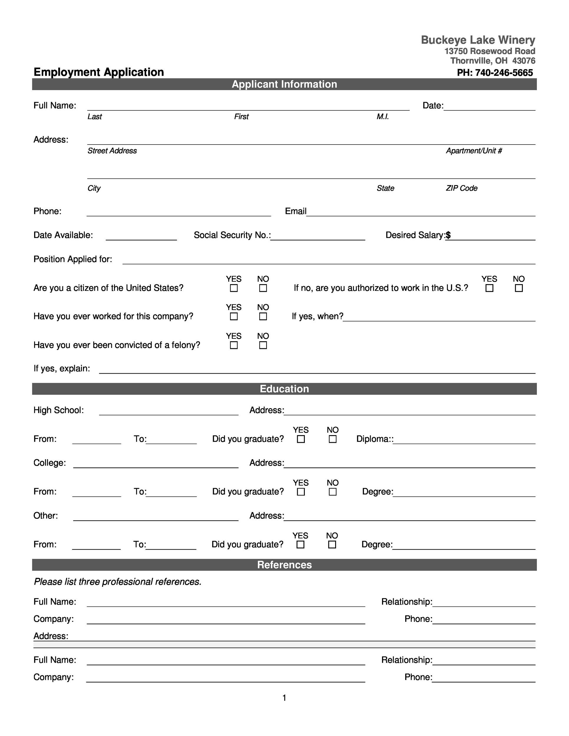 free employment applications printable