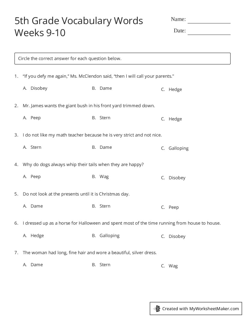 5th Grade Vocabulary Words Weeks 9 10 My Worksheet Maker Create Your Own Worksheets