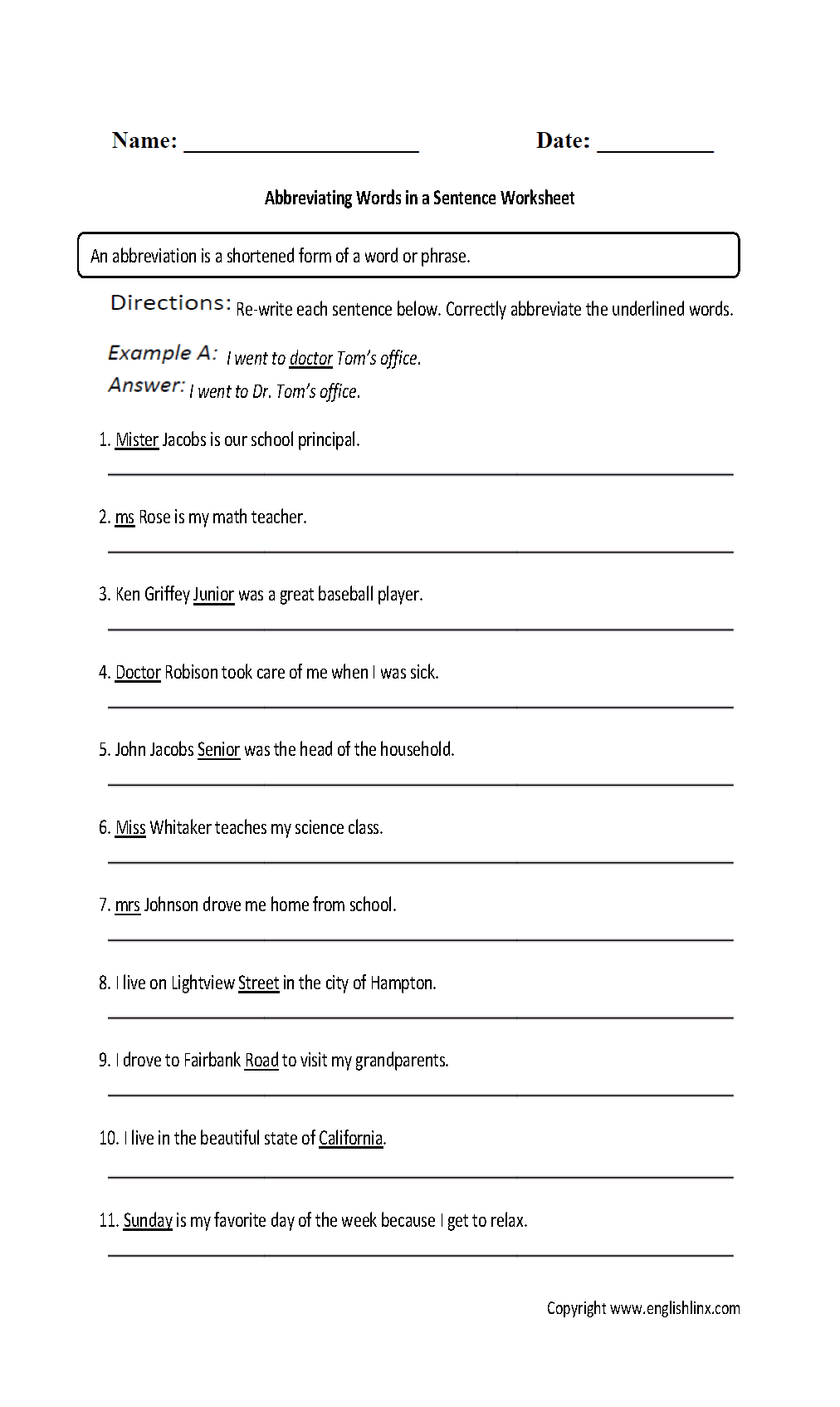 Abbreviations Worksheets Abbreviating Words In A Sentence Worksheet Grades 9 12 Abbreviations Worksheets Abbreviating Words In A Sentence Worksheet Grades 9 12