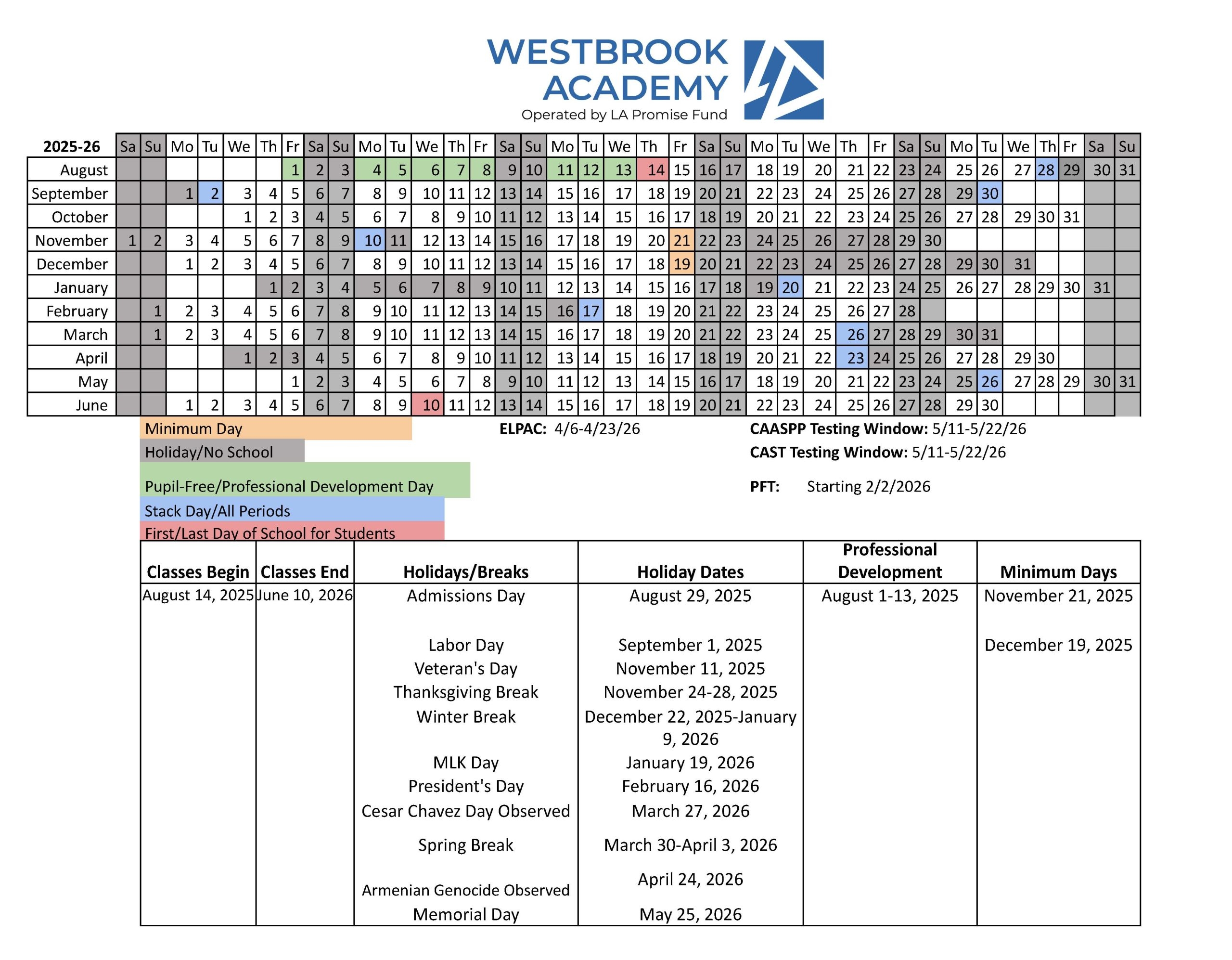 Academic Calendar WestBrook Academy