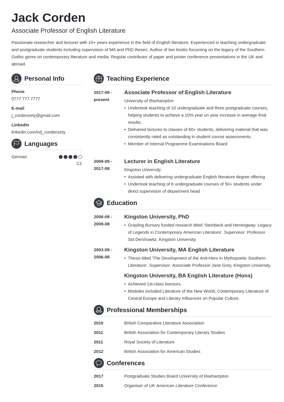 Academic Curriculum Vitae CV Template Guide In 2025