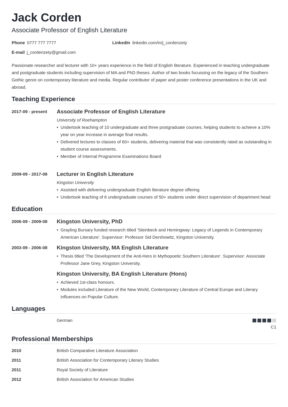 Academic Curriculum Vitae CV Template Guide In 2025