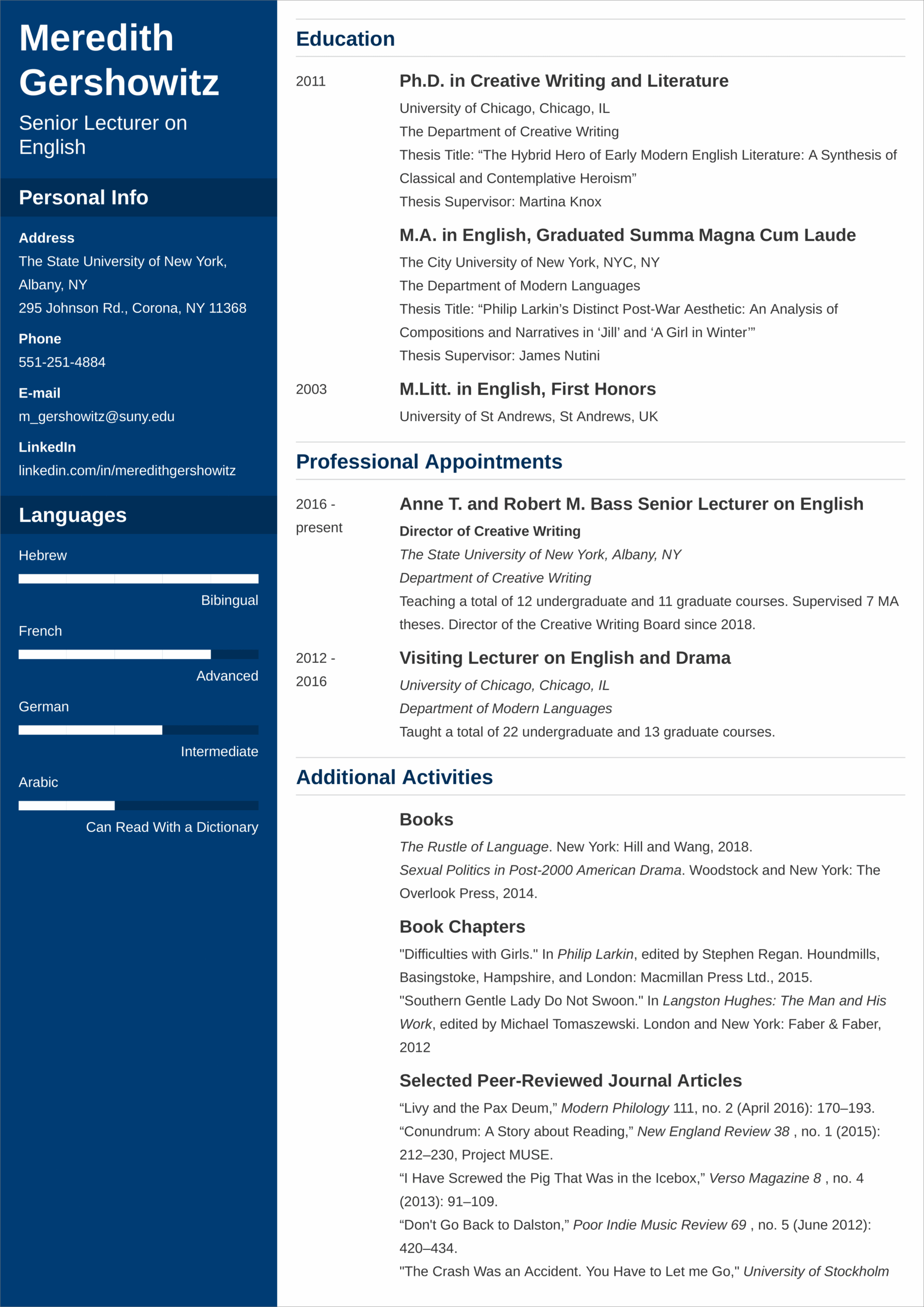 Academic CV Template Format And Examples For 2025