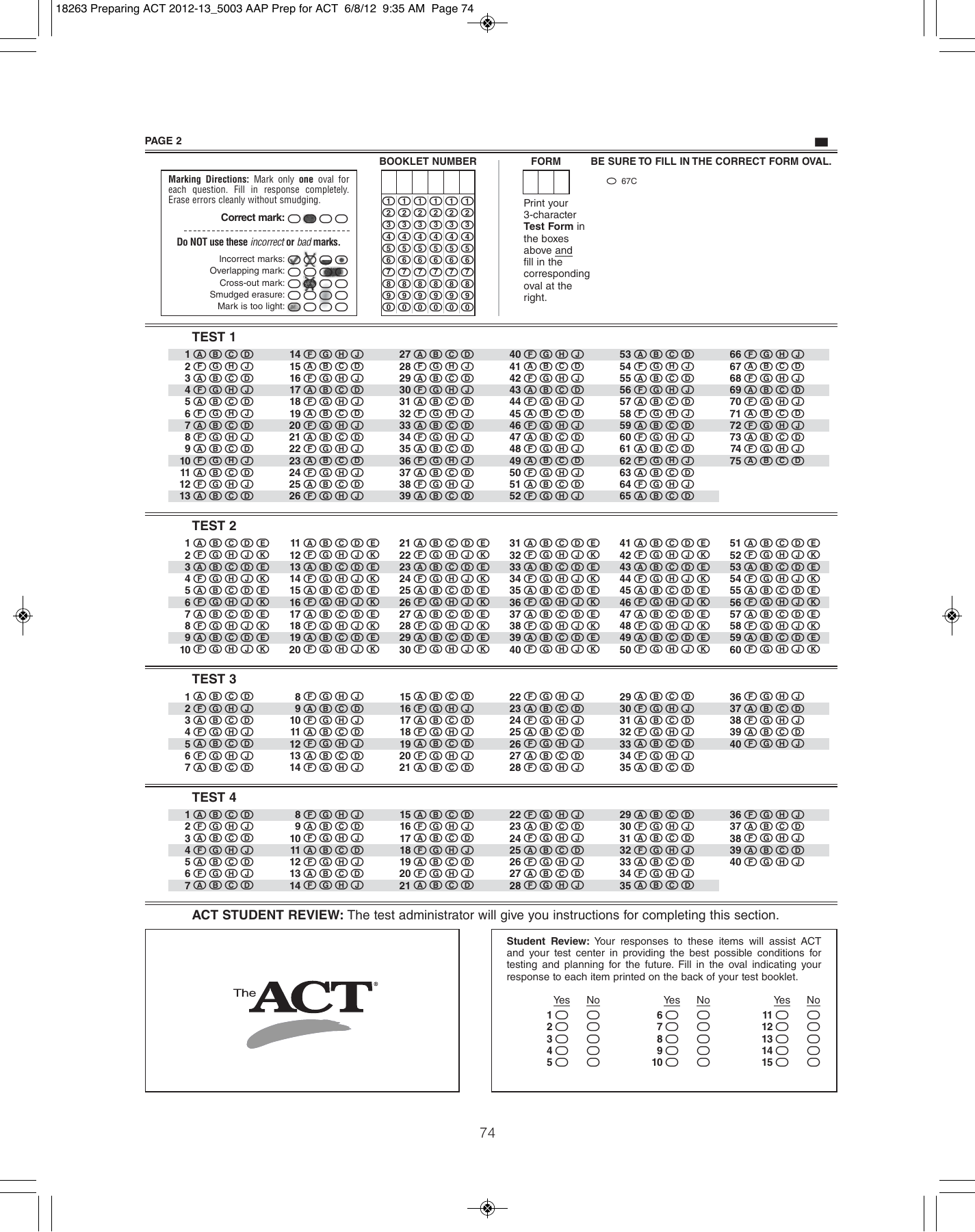 ACT Practice Test Sample Questions Answer Sheet
