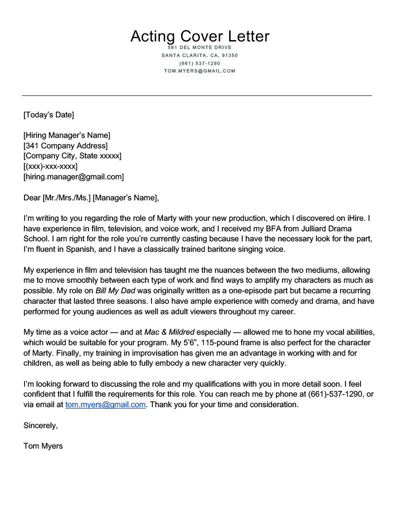 Acting Cover Letter Example Tips