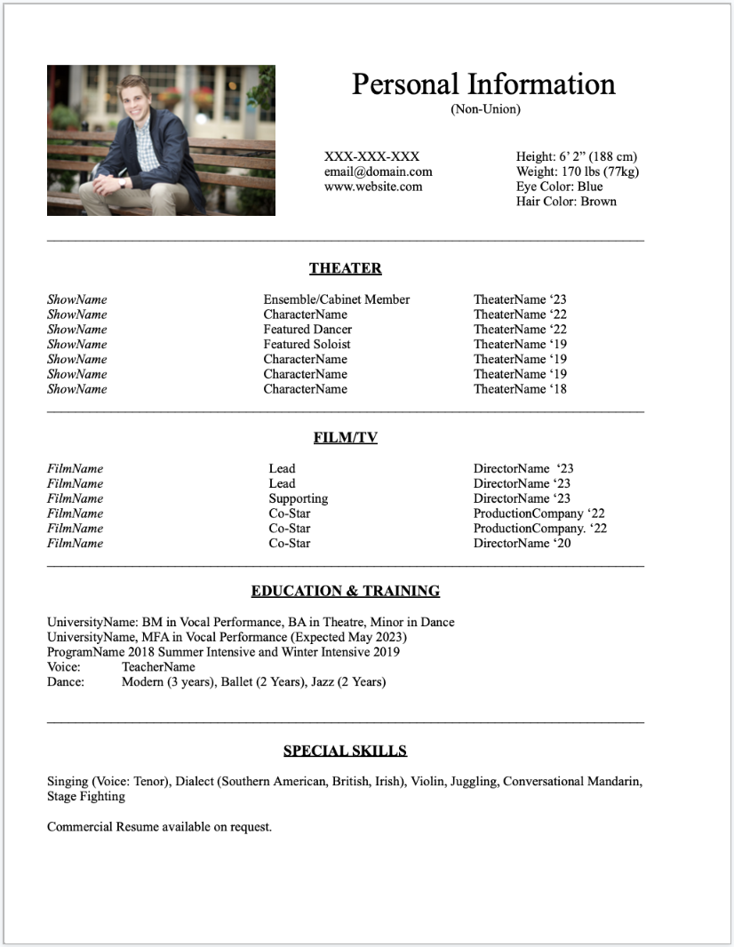 Acting CV Template 2025 free Works On Any Device Headshots NYC NJ
