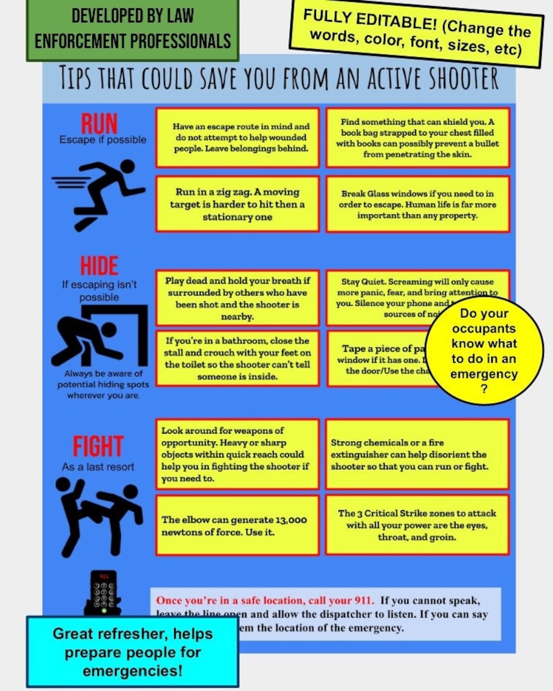 ACTIVE SHOOTER PLAN Tips Emergency Flyer poster Template editable Digital Download Run Hide Fight Printable For Preparedness Etsy