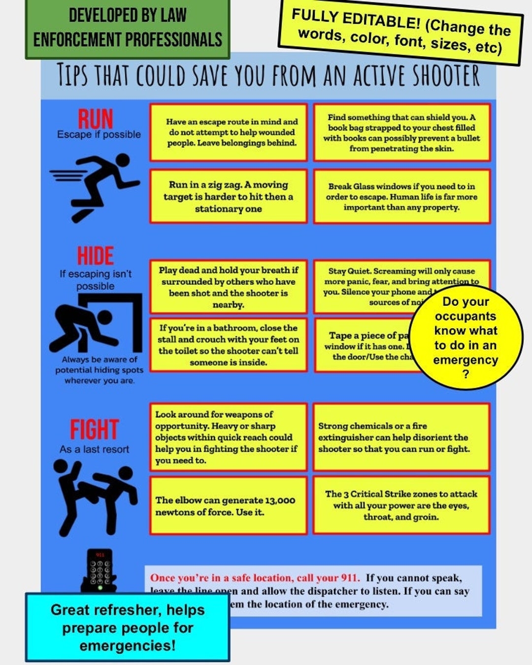ACTIVE SHOOTER PLAN Tips Emergency Flyer poster Template editable Digital Download Run Hide Fight Printable For Preparedness Etsy