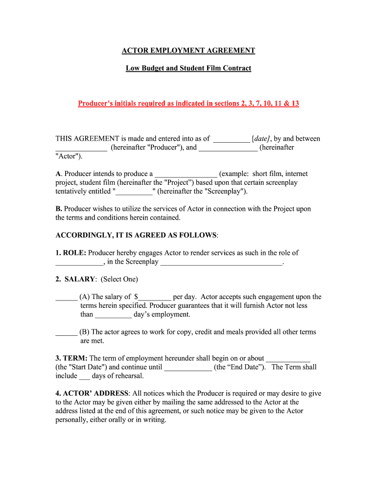 Actor Contract Template Fill Online Printable Fillable Blank PdfFiller