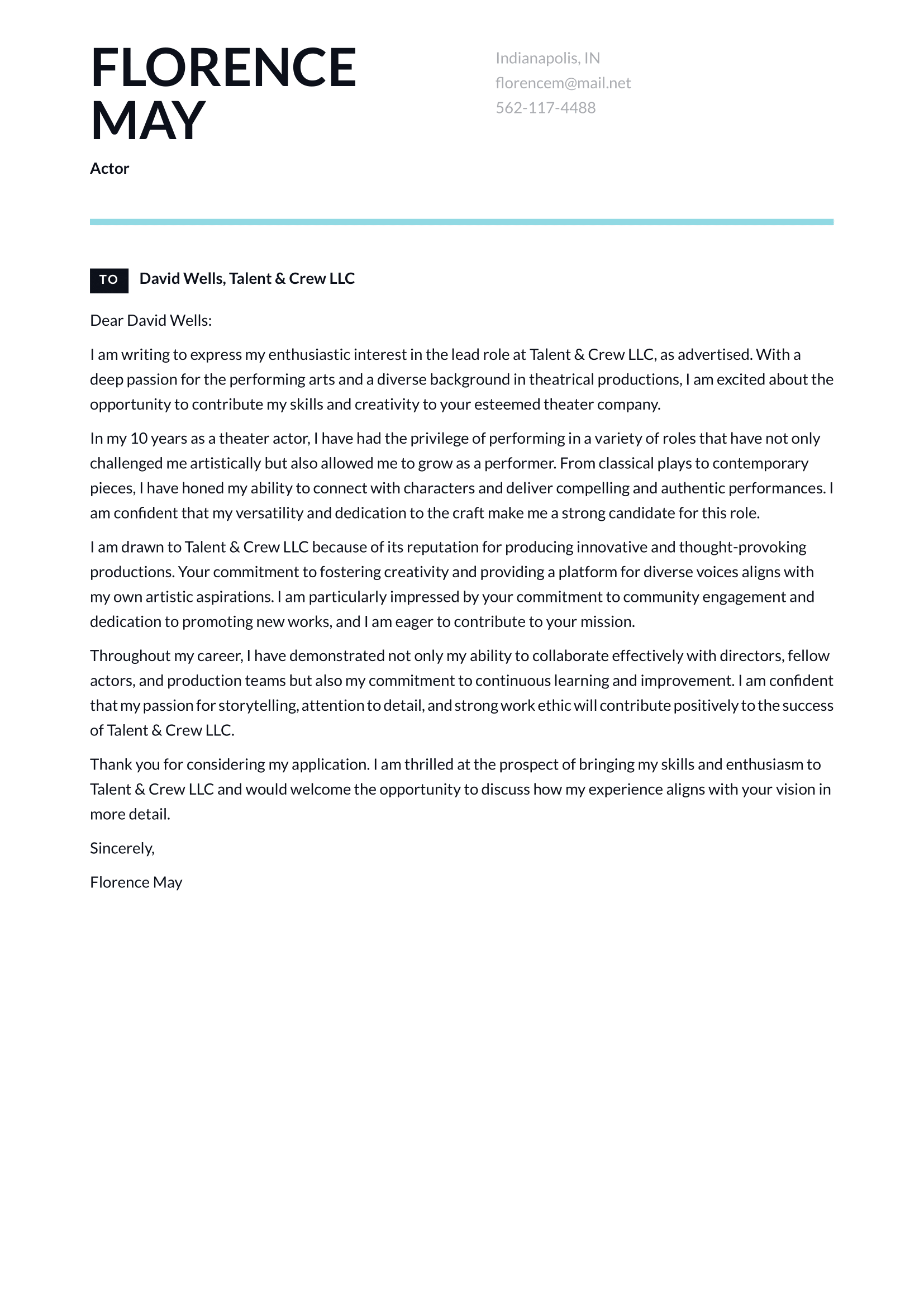 Actor Cover Letter Example Writing Guide