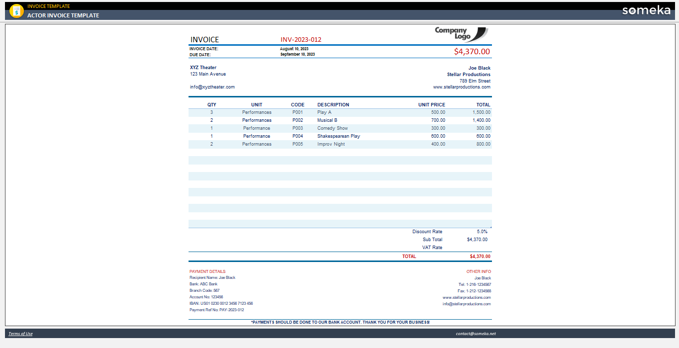 Actor Invoice Template Free Template 