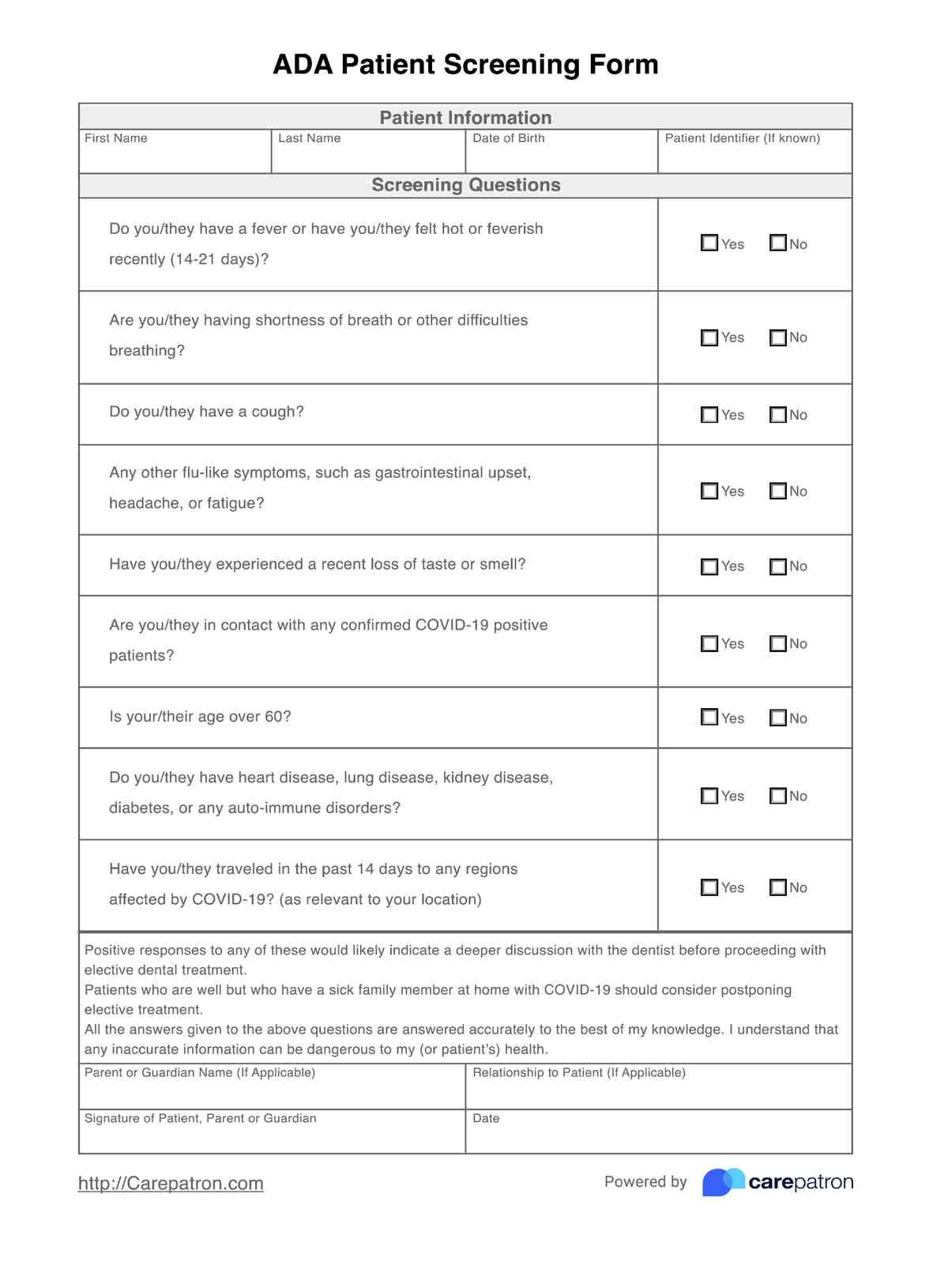 ADA Patient Screening Form Template Free PDF Download