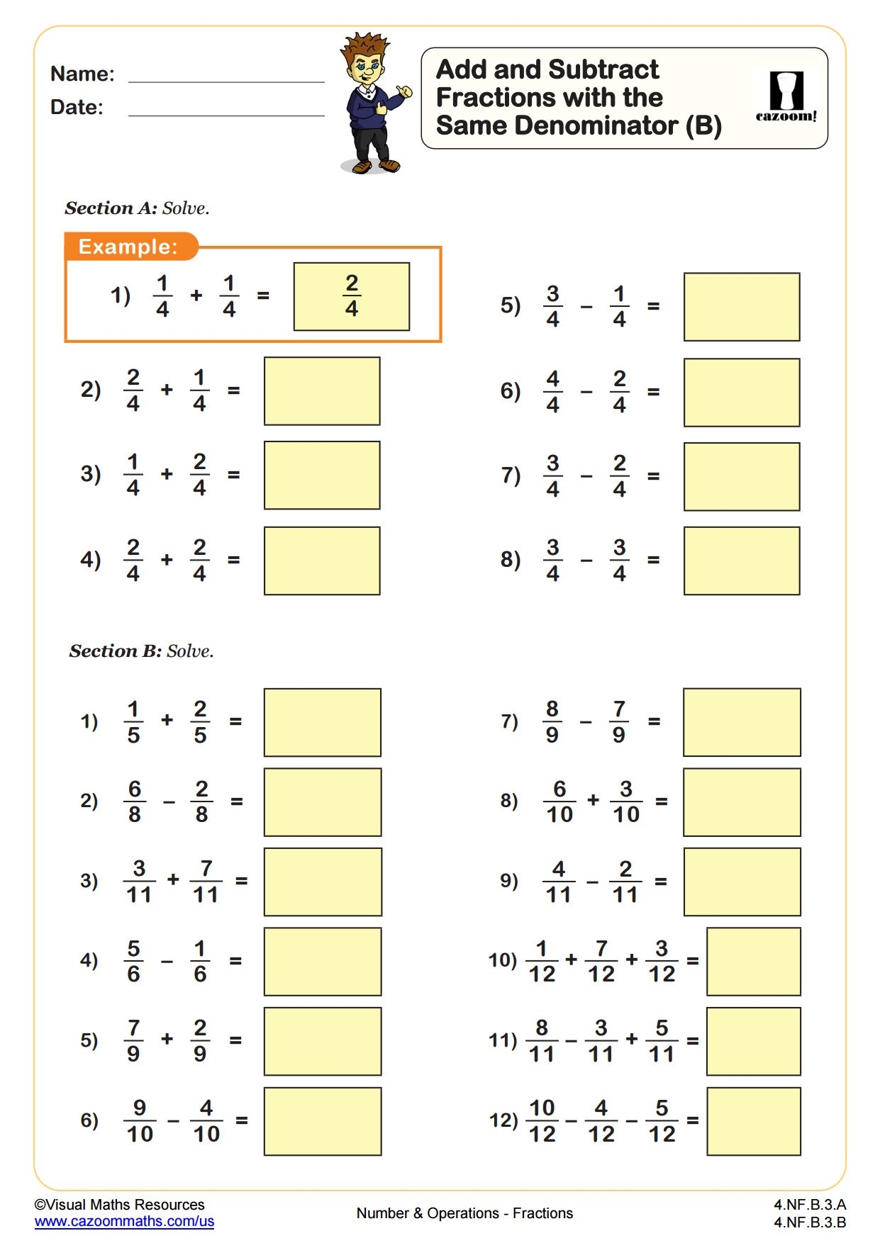 Add And Subtract Fractions B 4th Grade PDF Number And Operations Worksheets