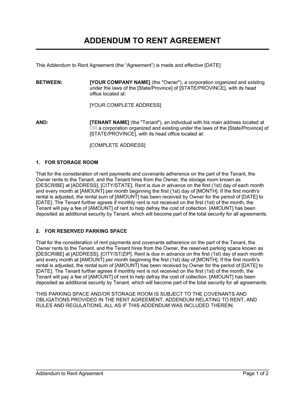 addendum to rental agreement template