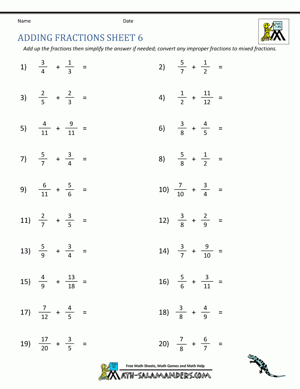 Adding Fractions Worksheets Adding Fractions Worksheets