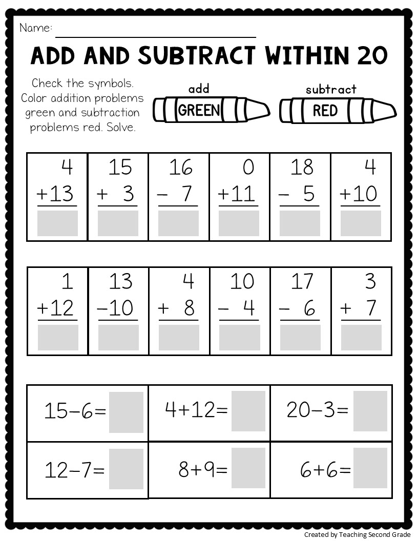 Addition And Subtraction Facts To 20 Worksheets Math Worksheets 1st 2nd Grade Teaching Second Grade