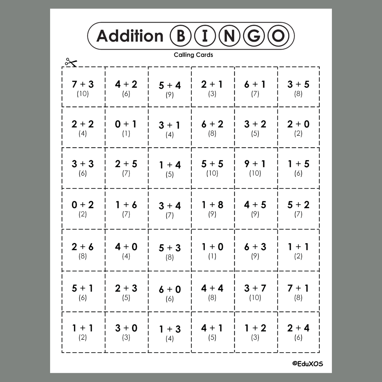 addition bingo printable