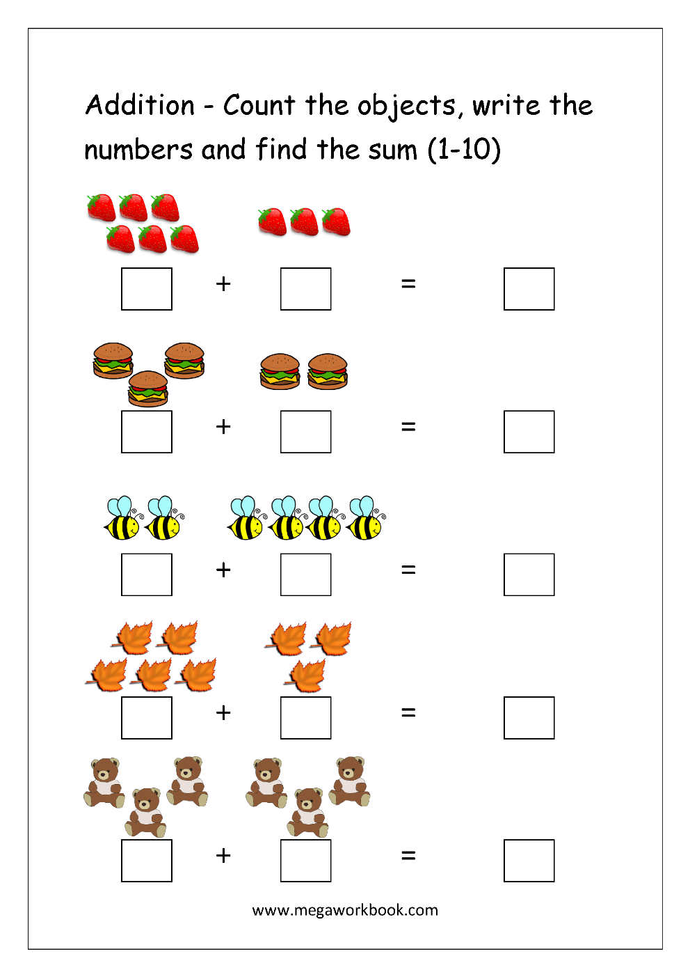 addition printable worksheets for kindergarten