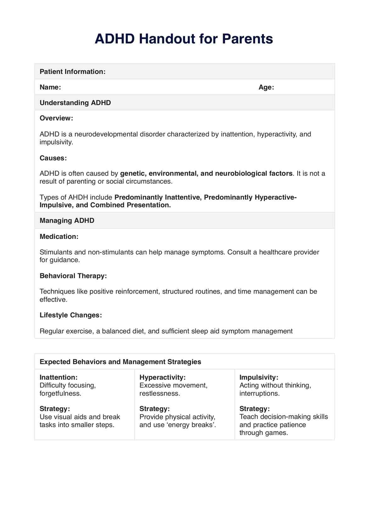 ADHD Handout For Parents Example Free PDF Download